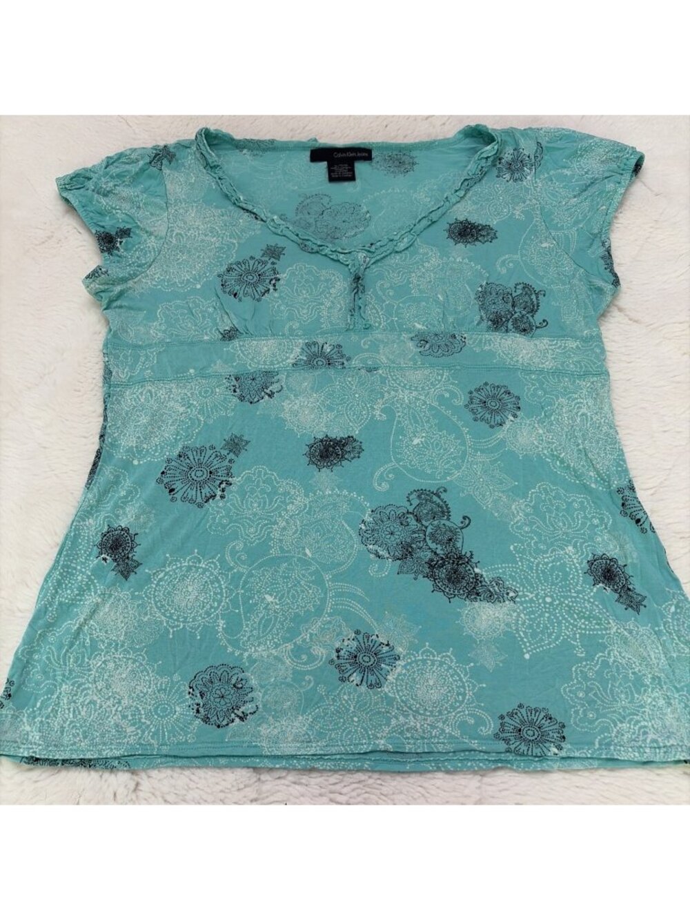 Calvin Klein Womens Teal Paisley Babydoll Tee XL Stretch